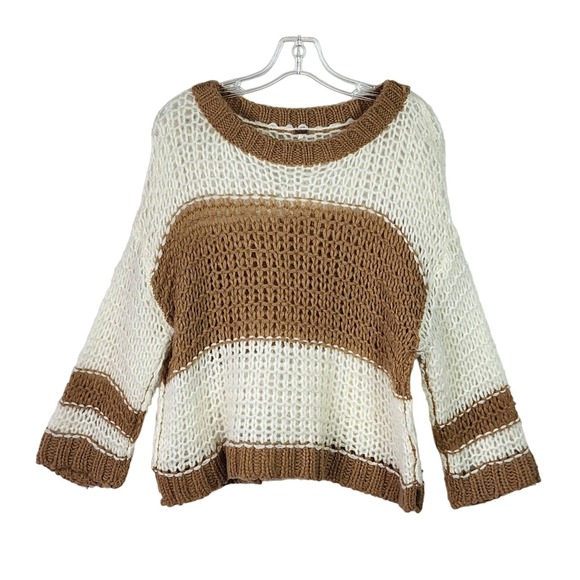 Free People Ivory Striped Monaco Sweater XS  Pullover Crochet Knit Wool Blend - Picture 1 of 12